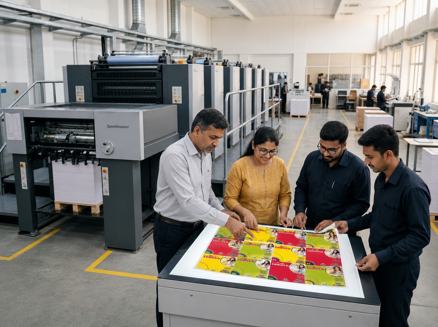 Abhi Multi Print team reviewing a colour proof in the factory